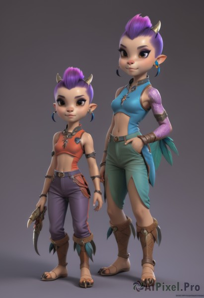 breasts,looking at viewer,smile,short hair,multiple girls,navel,holding,2girls,brown eyes,jewelry,standing,full body,weapon,purple hair,earrings,small breasts,horns,pointy ears,midriff,belt,pants,dark skin,necklace,hair bun,holding weapon,bracelet,dark-skinned female,crop top,tattoo,toes,sandals,single hair bun,aged down,knife,monster girl,child,armlet,dual persona,hand in pocket,dagger,topknot,1girl,animal ears,bare shoulders,tail,boots,barefoot,multiple views,watermark,feathers,claws,furry,furry female,mohawk