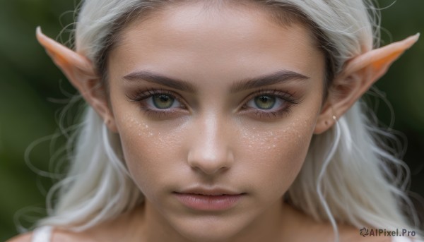 1girl,solo,long hair,looking at viewer,brown eyes,jewelry,closed mouth,green eyes,white hair,earrings,pointy ears,blurry,lips,eyelashes,depth of field,blurry background,elf,portrait,close-up,freckles,realistic,nose