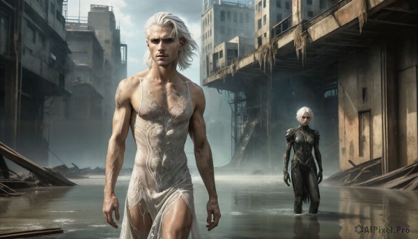 HQ,1girl,short hair,1boy,dress,standing,collarbone,white hair,outdoors,sky,water,white dress,lips,wet,see-through,bodysuit,tattoo,muscular,building,wet clothes,wading,reflection,walking,science fiction,city,realistic,arms at sides,ruins,looking at viewer,blue eyes,bare shoulders,closed mouth,male focus,multiple boys,day,cloud,2boys,armor,shoulder armor,veins,cyborg