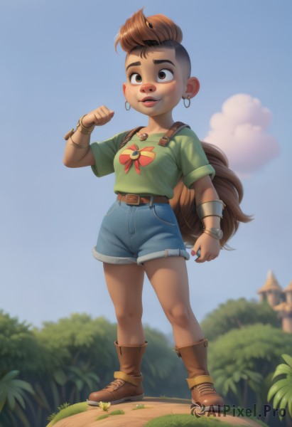 1girl,solo,short hair,brown hair,shirt,1boy,brown eyes,jewelry,standing,full body,flower,short sleeves,male focus,multicolored hair,earrings,boots,outdoors,parted lips,sky,shorts,day,belt,artist name,cloud,dark skin,bag,blurry,bracelet,two-tone hair,tree,blue sky,lips,short shorts,blurry background,brown footwear,thick eyebrows,backpack,grass,denim,child,freckles,blue shorts,denim shorts,poke ball,hoop earrings,green shirt,female child,male child,long hair,breasts,blush,smile,open mouth,holding,very long hair,ponytail,teeth,hand up,flat chest,dark-skinned female,piercing,building,wristband,clenched hand,buckle,asymmetrical hair,nose,stud earrings,bracer,facepaint,undercut,dirty,mohawk