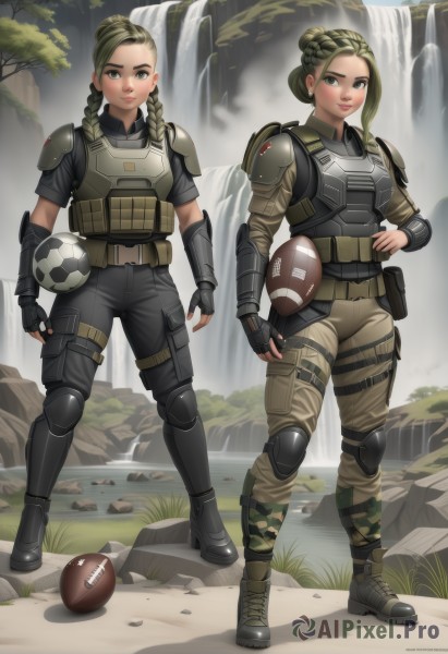 1girl,long hair,looking at viewer,smile,blonde hair,gloves,holding,closed mouth,standing,full body,braid,boots,outdoors,green hair,black gloves,pants,fingerless gloves,water,hair bun,black footwear,armor,uniform,twin braids,tree,lips,grey eyes,military,multiple views,single hair bun,grass,ball,pouch,breastplate,rock,knee pads,shoulder pads,camouflage,river,elbow pads,holding ball,waterfall,helmet removed,soccer ball,variations,bulletproof vest,green eyes,short sleeves,artist name,hand on hip,thigh strap