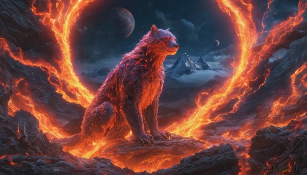 red eyes, standing, outdoors, sky, cloud, no humans, night, glowing, moon, fire, star (sky), night sky, claws, starry sky, mountain, molten rock