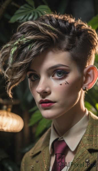 1girl,solo,looking at viewer,short hair,blue eyes,brown hair,shirt,black hair,jewelry,closed mouth,green eyes,jacket,white shirt,earrings,necktie,collared shirt,artist name,mole,blurry,lips,grey eyes,eyelashes,mole under eye,makeup,blurry background,leaf,facial mark,formal,suit,plant,lipstick,red necktie,portrait,freckles,lantern,green jacket,realistic,nose,red lips,lamp,facepaint,pink necktie,purple necktie,watermark