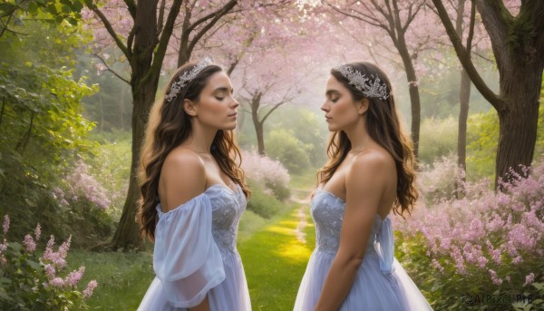 long hair, breasts, multiple girls, brown hair, dress, 2girls, bare shoulders, closed eyes, flower, outdoors, day, white dress, from side, tree, see-through, strapless, profile, grass, nature, strapless dress, realistic, head wreath