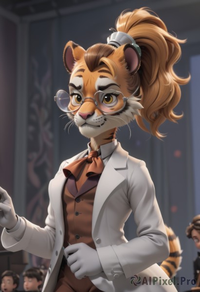 1girl,long hair,looking at viewer,multiple girls,brown hair,shirt,gloves,long sleeves,animal ears,brown eyes,jacket,tail,yellow eyes,ponytail,cowboy shot,multiple boys,glasses,solo focus,collared shirt,pants,artist name,indoors,white gloves,orange hair,blurry,vest,ascot,blurry background,formal,suit,high ponytail,furry,round eyewear,furry female,labcoat,tiger ears,body fur,white fur,tiger tail,rimless eyewear,animal nose,brown vest,whiskers,tiger,snout,pince-nez,tiger girl,furrification,orange fur,multicolored fur,solo,closed mouth,white shirt,multicolored hair,neckerchief,buttons,white jacket