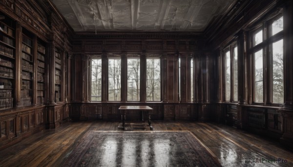 day,indoors,tree,book,no humans,window,chair,table,sunlight,scenery,reflection,light rays,wooden floor,bookshelf,architecture,sunbeam,bare tree,library,reflective floor,wooden chair,water,desk