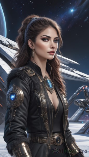 1girl,solo,long hair,breasts,looking at viewer,blue eyes,brown hair,gloves,dress,cleavage,brown eyes,jewelry,medium breasts,jacket,ponytail,earrings,parted lips,open clothes,sky,black gloves,belt,signature,black dress,lips,coat,fur trim,makeup,night,lipstick,star (sky),snow,starry sky,science fiction,realistic,aircraft,nose,red lips,airplane,space,leather,planet,earth (planet),spacecraft,jet,fighter jet,upper body,necklace,black jacket