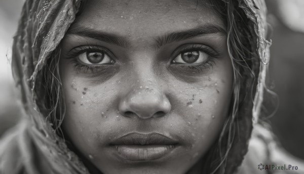 1girl,solo,looking at viewer,closed mouth,monochrome,greyscale,male focus,parted lips,hood,blurry,lips,eyelashes,depth of field,blurry background,portrait,close-up,hood up,freckles,realistic,nose,straight-on,teeth,dirty