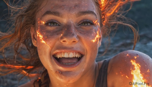 1girl,solo,long hair,looking at viewer,smile,open mouth,brown hair,brown eyes,teeth,lips,floating hair,tank top,fire,portrait,close-up,freckles,realistic,nose,bare shoulders,green eyes,braid,orange hair,blurry,eyelashes,piercing,dirty,dirty face,sparks