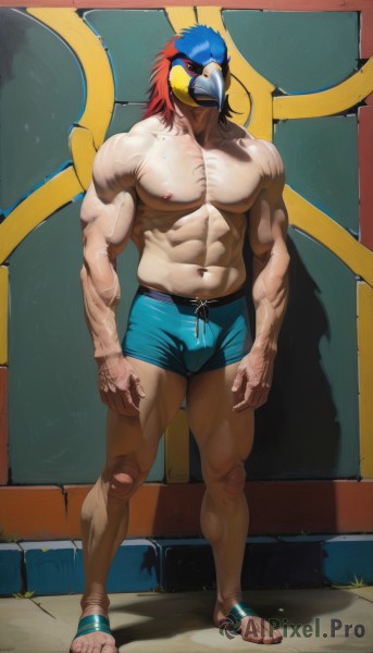 solo,looking at viewer,1boy,navel,nipples,blue hair,standing,full body,male focus,thighs,red hair,shorts,stomach,mask,muscular,bird,scar,thick thighs,abs,sandals,pectorals,muscular male,bara,large pectorals,veins,bulge,topless male,mature male,against wall,manly,male swimwear,biceps,navel hair,swim briefs,thick arms,artist name,blue shorts,male underwear,beak,veiny arms