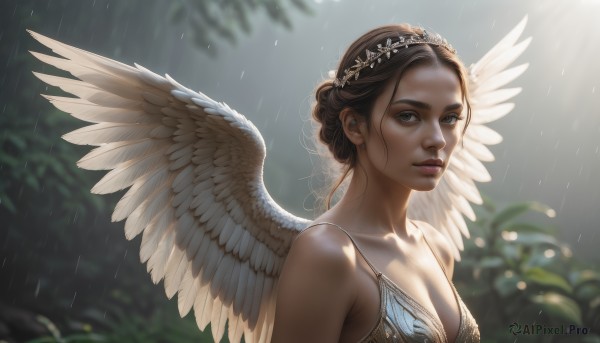 1girl,solo,breasts,looking at viewer,short hair,blue eyes,brown hair,cleavage,bare shoulders,jewelry,medium breasts,collarbone,upper body,earrings,outdoors,parted lips,wings,artist name,hair bun,blurry,lips,depth of field,blurry background,plant,feathered wings,rain,angel wings,realistic,nose,white wings,angel,dress,brown eyes,sunlight,single hair bun,nature