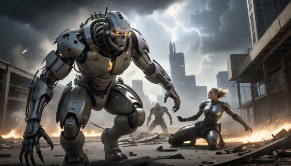 HQ,1girl,brown hair,1boy,ponytail,weapon,outdoors,sky,cloud,armor,kneeling,bodysuit,glowing,cloudy sky,fire,robot,building,mecha,glowing eyes,smoke,science fiction,city,realistic,electricity,one knee,ruins,cyborg,damaged,lightning,power armor,destruction,rubble,sparks,power suit,blonde hair,orange eyes,rain,battle,cityscape,joints,giant,robot joints,embers,cyberpunk,arm blade,kaijuu