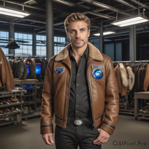 solo,looking at viewer,short hair,blue eyes,blonde hair,shirt,long sleeves,1boy,closed mouth,standing,jacket,male focus,cowboy shot,open clothes,collared shirt,belt,pants,indoors,open jacket,looking to the side,fur trim,black shirt,facial hair,black pants,beard,science fiction,brown jacket,realistic,mustache,leather,animification,leather jacket,bomber jacket,smile,brown hair,hand in pocket,emblem