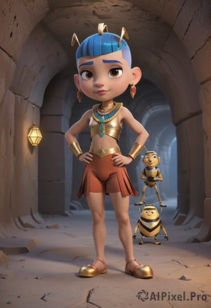 1girl,solo,looking at viewer,smile,short hair,bangs,navel,brown eyes,jewelry,closed mouth,blue hair,standing,full body,earrings,multiple boys,shoes,shorts,sleeveless,midriff,signature,dark skin,blunt bangs,necklace,armor,bracelet,lips,makeup,bike shorts,child,hands on hips,antennae,bracer,male child,red shorts,very short hair,artist name,lantern,lamp