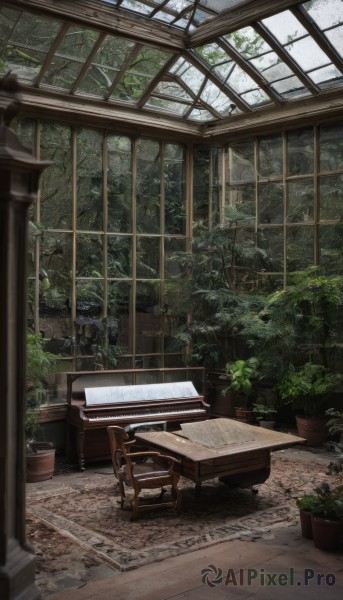 day,indoors,tree,no humans,window,chair,table,plant,instrument,scenery,wooden floor,potted plant,piano,ruins