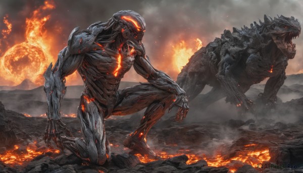 A majestic fiery mountain featuring a alien