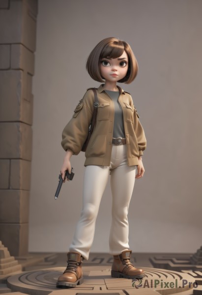 1girl,solo,breasts,looking at viewer,short hair,bangs,brown hair,shirt,long sleeves,holding,brown eyes,closed mouth,standing,jacket,full body,weapon,boots,open clothes,belt,pants,bag,holding weapon,open jacket,lips,gun,brown footwear,bob cut,backpack,holding gun,grey shirt,buckle,handgun,brown jacket,white pants,brown shirt,leather,trigger discipline,black eyes,black shirt,thick eyebrows,nose,brown belt