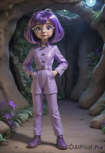 1girl,solo,looking at viewer,smile,short hair,bangs,shirt,long sleeves,closed mouth,standing,purple eyes,full body,purple hair,flower,boots,outdoors,sky,shoes,glasses,collared shirt,belt,pants,blunt bangs,medium hair,tree,lips,night,shadow,leaf,moon,antenna hair,grass,nature,night sky,full moon,forest,hands on hips,hands in pockets,round eyewear,purple flower,purple footwear,mushroom,jumpsuit,purple pants,shiny,artist name,coat,eyelashes,buttons,glowing,watermark,rock,moonlight,grey-framed eyewear,fireflies