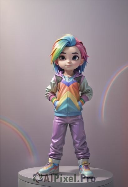 1girl,solo,looking at viewer,short hair,blue eyes,simple background,long sleeves,jewelry,closed mouth,blue hair,standing,jacket,full body,pink hair,multicolored hair,green hair,shoes,striped,pants,artist name,hood,black eyes,flat chest,two-tone hair,lips,gradient,gradient background,hoodie,makeup,watermark,hood down,sneakers,child,multicolored clothes,zipper,personification,legs apart,hands in pockets,drawstring,female child,rainbow,multicolored jacket,colorful,purple pants,rainbow order,faux figurine,rainbow gradient,multicolored shirt,rainbow hair,multicolored stripes,aged down,web address