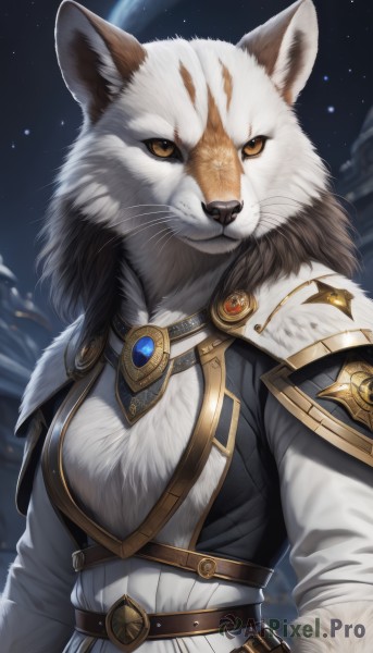 solo,looking at viewer,long sleeves,brown eyes,jewelry,closed mouth,yellow eyes,upper body,outdoors,sky,belt,armor,orange eyes,fur trim,no humans,night,animal,scar,moon,brooch,shoulder armor,gem,star (sky),night sky,scar on face,furry,starry sky,colored sclera,scar across eye,furry female,brown belt,body fur,white fur,planet,whiskers,1girl,breasts,animal ears,fur collar