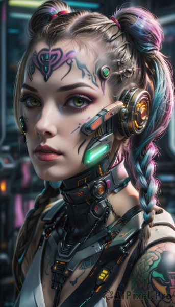 1girl,solo,long hair,breasts,looking at viewer,brown hair,hair ornament,bare shoulders,twintails,closed mouth,green eyes,blue hair,yellow eyes,upper body,braid,heart,multicolored hair,artist name,blurry,twin braids,two-tone hair,lips,eyelashes,double bun,tattoo,makeup,blurry background,headgear,facial mark,lipstick,portrait,eyeshadow,freckles,science fiction,realistic,nose,android,red lips,eyeliner,cable,arm tattoo,shoulder tattoo,cyborg,mascara,cyberpunk,neck tattoo,mechanical parts,bangs,signature,hair bun,headphones,watermark,expressionless,web address,headset,pink lips,hair tie,facepaint,eyebrow piercing,multiple braids