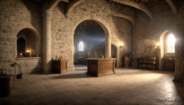 HQ,indoors,no humans,window,chair,table,sunlight,fire,scenery,light rays,stairs,door,light,lamp,candle,wall,torch,church,candlestand,chandelier,fireplace,plant,wooden floor,potted plant,statue,arch,barrel