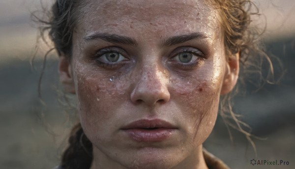 1girl,solo,long hair,looking at viewer,brown hair,black hair,brown eyes,closed mouth,green eyes,braid,parted lips,blurry,lips,wet,grey eyes,depth of field,blurry background,messy hair,portrait,close-up,freckles,realistic,nose,dirty,sweat,eyelashes,facial hair,scar,dirty face