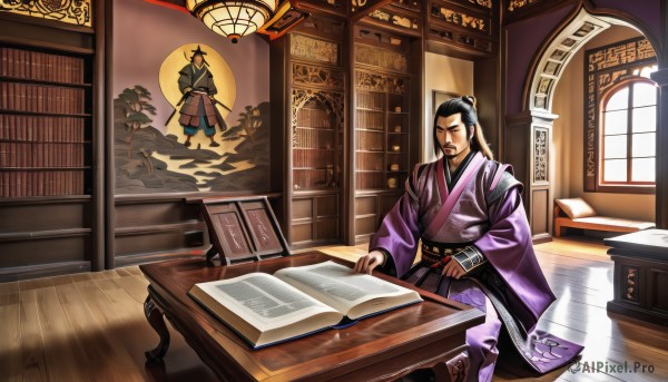 long hair,black hair,long sleeves,1boy,hat,sitting,weapon,male focus,japanese clothes,multiple boys,sword,indoors,2boys,wide sleeves,kimono,book,sash,window,facial hair,chair,table,katana,sheath,beard,desk,sheathed,wooden floor,open book,mustache,bookshelf,reading,architecture,east asian architecture,scroll,topknot,samurai,solo,holding,closed mouth,closed eyes,shadow,chinese clothes,plant,hand fan,potted plant,lamp,book stack,vase,carpet,board game,lattice