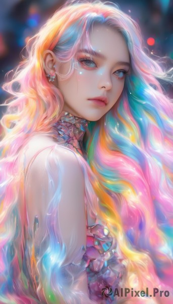 1girl,solo,long hair,looking at viewer,blue eyes,blonde hair,bare shoulders,jewelry,closed mouth,blue hair,upper body,pink hair,multicolored hair,earrings,artist name,orange hair,blurry,from side,two-tone hair,lips,see-through,grey eyes,eyelashes,makeup,depth of field,blurry background,wavy hair,expressionless,gem,eyeshadow,pink lips,nose,colorful,rainbow hair,white hair,streaked hair,aqua hair,watermark,facial mark,forehead,crystal,realistic