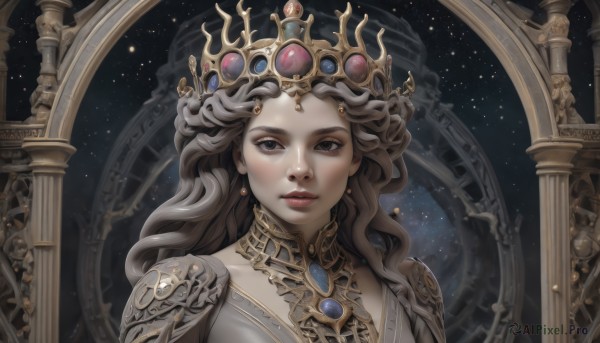 1girl,solo,long hair,looking at viewer,brown hair,jewelry,closed mouth,upper body,grey hair,earrings,armor,black eyes,lips,grey eyes,wavy hair,crown,shoulder armor,gem,portrait,star (sky),starry sky,fantasy,space,sky,makeup,expressionless,pauldrons,realistic