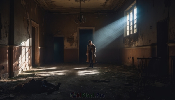 solo,shirt,black hair,long sleeves,1boy,standing,jacket,male focus,necktie,shoes,day,pants,indoors,black footwear,coat,window,chair,black pants,formal,sunlight,suit,scenery,light rays,door,light,sunbeam,ruins,hallway,corpse,broken window,shadow,black necktie,cloak,black coat,wall,wide shot,crack,ceiling light,chandelier,window shade,cracked wall