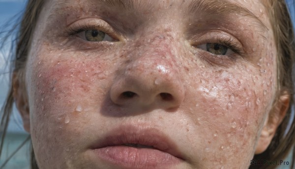 1girl,solo,looking at viewer,brown hair,brown eyes,closed mouth,blurry,lips,wet,eyelashes,portrait,close-up,freckles,realistic,nose,wet hair,eye focus,green eyes,sweat,dirty,dirty face