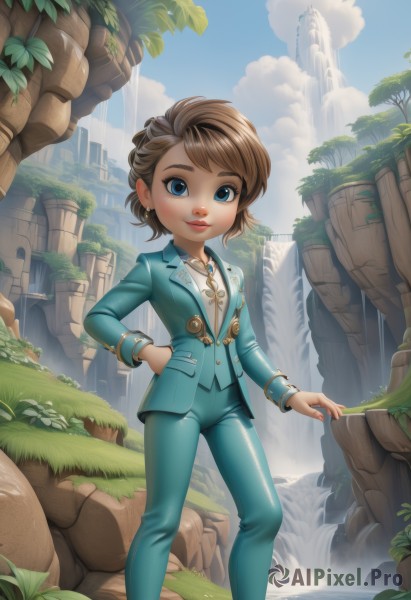 1girl,solo,looking at viewer,smile,short hair,blue eyes,brown hair,shirt,long sleeves,jewelry,standing,jacket,white shirt,earrings,outdoors,sky,day,pants,artist name,cloud,water,necklace,nail polish,tree,blue sky,lips,hand on hip,buttons,leaf,watermark,formal,suit,grass,plant,child,pendant,hand in pocket,rock,blue pants,waterfall,cliff,lipstick