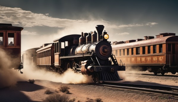 weapon,outdoors,sky,day,cloud,gun,no humans,cloudy sky,ground vehicle,building,scenery,motor vehicle,smoke,vehicle focus,train,dust,railroad tracks,truck,window,shadow