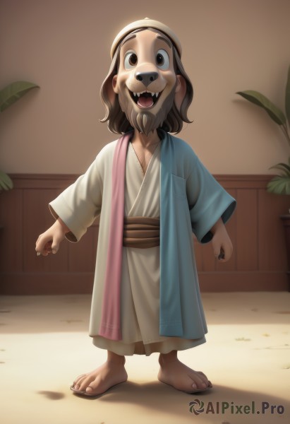 1girl,solo,looking at viewer,smile,open mouth,brown hair,long sleeves,1boy,brown eyes,standing,full body,:d,male focus,japanese clothes,barefoot,teeth,indoors,medium hair,kimono,mask,toes,fangs,sandals,plant,child,furry,1other,toenails,dog,robe,female child,horror (theme),collarbone,artist name,sash,shadow,watermark,haori