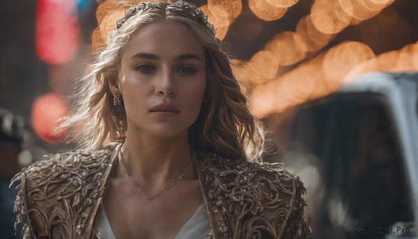 1girl,solo,long hair,breasts,looking at viewer,blue eyes,blonde hair,brown hair,cleavage,jewelry,closed mouth,collarbone,jacket,upper body,earrings,solo focus,artist name,necklace,blurry,lips,depth of field,blurry background,expressionless,portrait,realistic,nose,tiara,backlighting,freckles,lantern,bokeh,paper lantern,mole on cheek