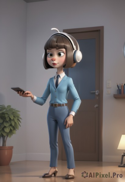 1girl,solo,short hair,bangs,brown hair,shirt,long sleeves,holding,brown eyes,closed mouth,standing,jacket,full body,white shirt,ahoge,necktie,shoes,collared shirt,belt,pants,indoors,signature,blunt bangs,black footwear,high heels,lips,headphones,phone,formal,bob cut,cellphone,suit,plant,blue jacket,black necktie,smartphone,holding phone,blue necktie,door,blue pants,pen,potted plant,brown belt,lamp,office lady,pencil,tablet pc,pant suit,office