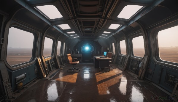 sky,no humans,window,shadow,sunlight,ground vehicle,scenery,reflection,science fiction,cockpit,seat,cloud,indoors,water,ocean,chair,robot,sunset,horizon,cable,monitor