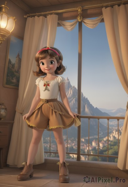 1girl,solo,looking at viewer,smile,short hair,bangs,skirt,brown hair,shirt,bow,ribbon,brown eyes,jewelry,standing,collarbone,full body,white shirt,short sleeves,hair bow,hairband,boots,sky,shoes,shorts,belt,indoors,necklace,black eyes,flat chest,window,brown footwear,curtains,child,lantern,mountain,skirt hold,female child,lamp,brown shorts,blush,parted lips,teeth,day,artist name,signature,high heels,tree,lips,bare legs,brown skirt,flipped hair,ankle boots,yellow skirt