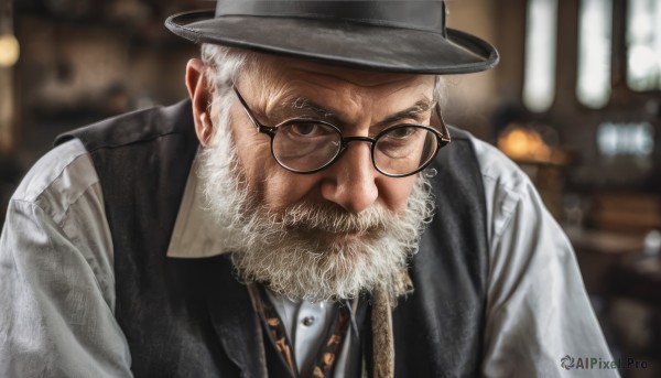 solo,looking at viewer,shirt,1boy,hat,brown eyes,closed mouth,white shirt,upper body,white hair,male focus,necktie,glasses,collared shirt,indoors,blurry,black eyes,vest,black headwear,depth of field,blurry background,facial hair,beard,black-framed eyewear,black vest,mature male,realistic,round eyewear,mustache,manly,old,old man,grey headwear,grey vest,bowler hat,long sleeves,ribbon,leaning forward,portrait