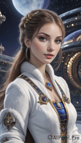 1girl,solo,long hair,breasts,looking at viewer,brown hair,hair ornament,long sleeves,dress,brown eyes,jewelry,medium breasts,upper body,earrings,sky,necklace,lips,coat,grey eyes,fur trim,makeup,night,moon,gem,star (sky),night sky,full moon,starry sky,freckles,realistic,nose,white coat,smile,cleavage,closed mouth,eyelashes,lipstick,forehead,pendant,red lips,planet