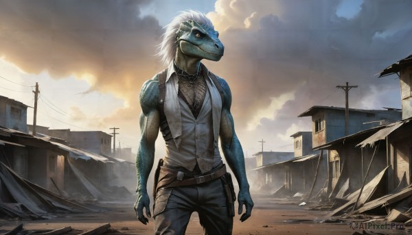 HQ,solo,1boy,standing,yellow eyes,white hair,male focus,outdoors,sky,belt,pants,cloud,vest,torn clothes,colored skin,cloudy sky,building,fishnets,blue skin,scales,ruins,power lines,utility pole,barbed wire,no humans,scenery,furry,monster,realistic