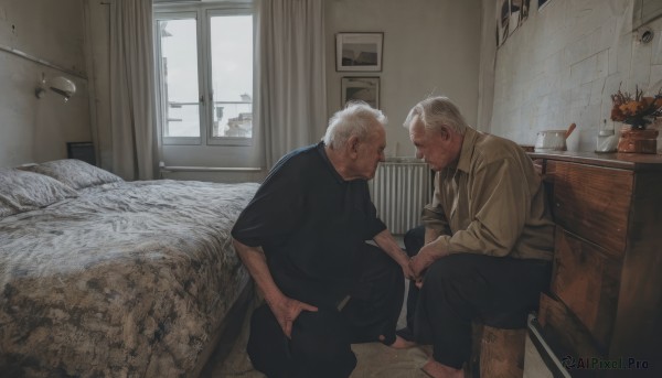 short hair,shirt,sitting,white hair,male focus,multiple boys,barefoot,collared shirt,pants,indoors,2boys,looking at another,black shirt,window,bed,facial hair,on bed,plant,curtains,yaoi,beard,sleeves rolled up,stubble,old,old man,kitchen,arm hair,cabinet,cup,black pants,table,brown shirt,photo background