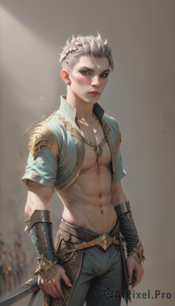 solo,looking at viewer,blush,short hair,1boy,navel,brown eyes,jewelry,standing,collarbone,jacket,weapon,white hair,short sleeves,grey hair,male focus,cowboy shot,earrings,parted lips,open clothes,solo focus,belt,pants,sword,artist name,necklace,stomach,nail polish,blurry,open jacket,lips,grey eyes,open shirt,muscular,blurry background,scar,black pants,piercing,abs,pectorals,muscular male,sheath,ear piercing,black nails,cropped jacket,toned,sheathed,realistic,nose,arms at sides,vambraces,stud earrings,bracer,bare pectorals,toned male,arm guards,blue eyes,hair ornament,holding,closed mouth,holding weapon,facial mark,holding sword