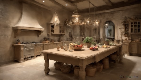 HQ,food,indoors,cup,no humans,window,fruit,chair,table,bottle,plant,scenery,plate,bowl,door,apple,basket,tiles,potted plant,light,lamp,bread,shelf,kitchen,vegetable,ceiling light,chandelier,sunlight,stairs,candle,tile floor,ceiling,cabinet