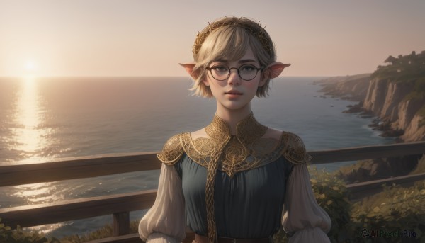 1girl,solo,looking at viewer,smile,short hair,bangs,blue eyes,blonde hair,shirt,hair ornament,long sleeves,closed mouth,upper body,hairband,outdoors,parted lips,sky,glasses,pointy ears,puffy sleeves,water,lips,ocean,sunlight,elf,scenery,backlighting,black-framed eyewear,sunset,round eyewear,railing,horizon,lake,brown-framed eyewear,dress,plant,nose,red lips,bush