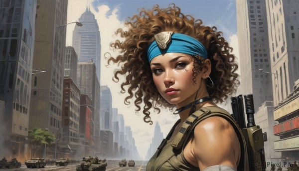 1girl,solo,breasts,looking at viewer,brown hair,brown eyes,jewelry,upper body,weapon,earrings,outdoors,parted lips,sky,choker,day,dark skin,bag,vest,dark-skinned female,tree,lips,gun,military,makeup,headband,bandages,backpack,lipstick,ground vehicle,building,motor vehicle,rifle,smoke,curly hair,hoop earrings,city,nose,car,dirty,skyscraper,very dark skin,post-apocalypse,muscular,handgun,realistic,military vehicle,road,helicopter