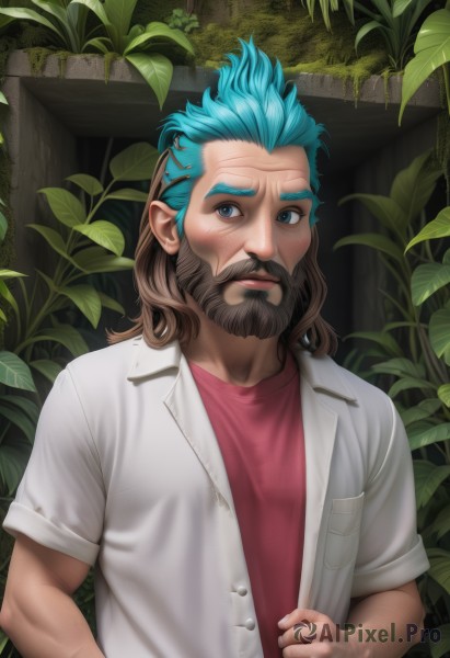 solo,looking at viewer,blue eyes,brown hair,shirt,1boy,closed mouth,blue hair,jacket,upper body,short sleeves,male focus,multicolored hair,outdoors,open clothes,medium hair,two-tone hair,facial hair,leaf,scar,thick eyebrows,plant,red shirt,beard,mature male,realistic,mustache,manly,old,old man,wrinkled skin,blush,white shirt,artist name,lips,aqua hair,buttons,pocket,pink shirt,nose,breast pocket