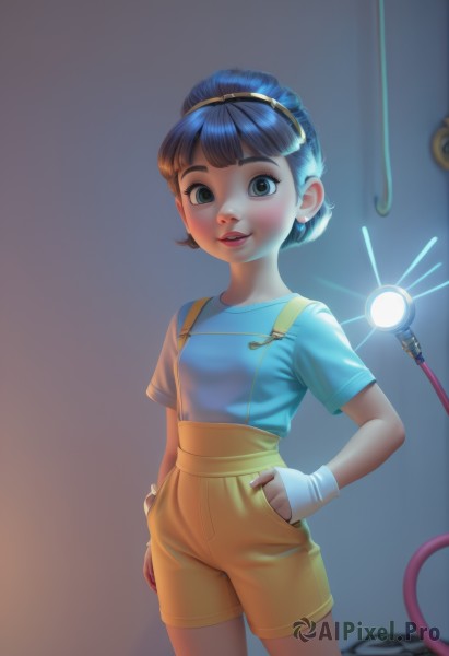 1girl,solo,looking at viewer,smile,short hair,bangs,blue eyes,brown hair,shirt,black hair,brown eyes,jewelry,blue hair,standing,short sleeves,cowboy shot,hairband,earrings,parted lips,shorts,blunt bangs,black eyes,flat chest,lips,suspenders,blue shirt,child,hand in pocket,female child,overalls,cable,yellow shorts,overall shorts,gloves,teeth,white gloves,fingerless gloves,goggles,goggles on head,yo-yo