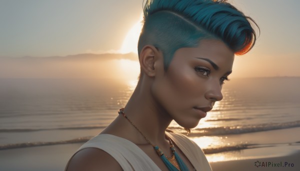 1girl,solo,looking at viewer,short hair,1boy,brown eyes,jewelry,blue hair,upper body,male focus,earrings,outdoors,sky,dark skin,water,necklace,dark-skinned female,lips,ocean,beach,piercing,tank top,portrait,backlighting,sunset,realistic,nose,stud earrings,undercut,pompadour,profile,sunlight,scenery,sun